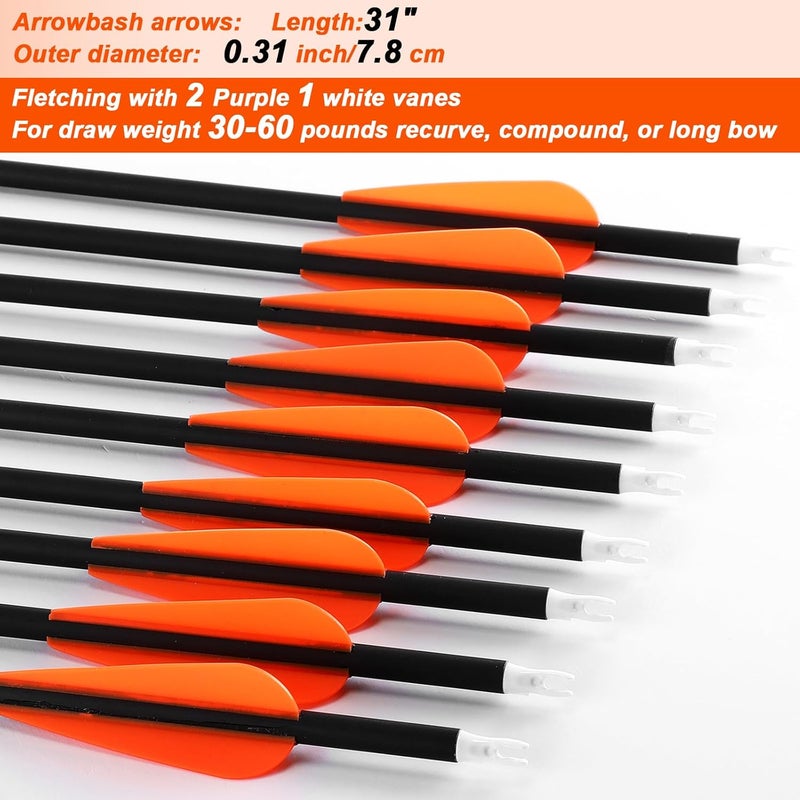 Arrowbash 24 Pcs 31.5 Inch Arrows for Compound Bow Hunting Arrows Carbon Arrows with 3 Inch Plastic Arrow Feathers and Removable Tips 500-600 Spine Archery Target Arrows for Recurve Bow - Image 3
